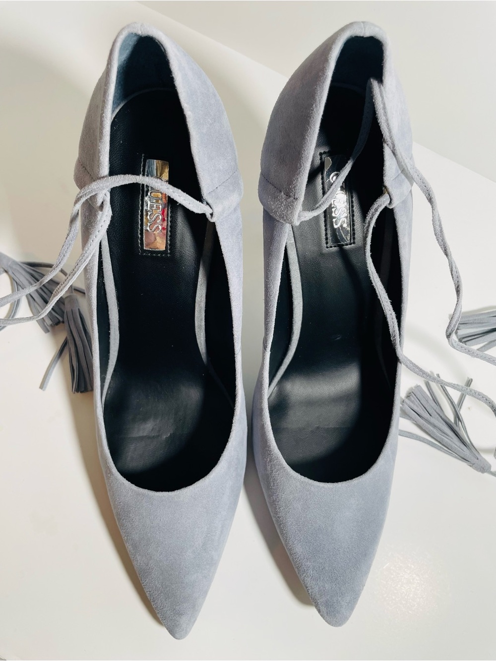 GUESS Suede Tassel Ankle-Tie Heels - Light Gray - Picture 7 of 15
